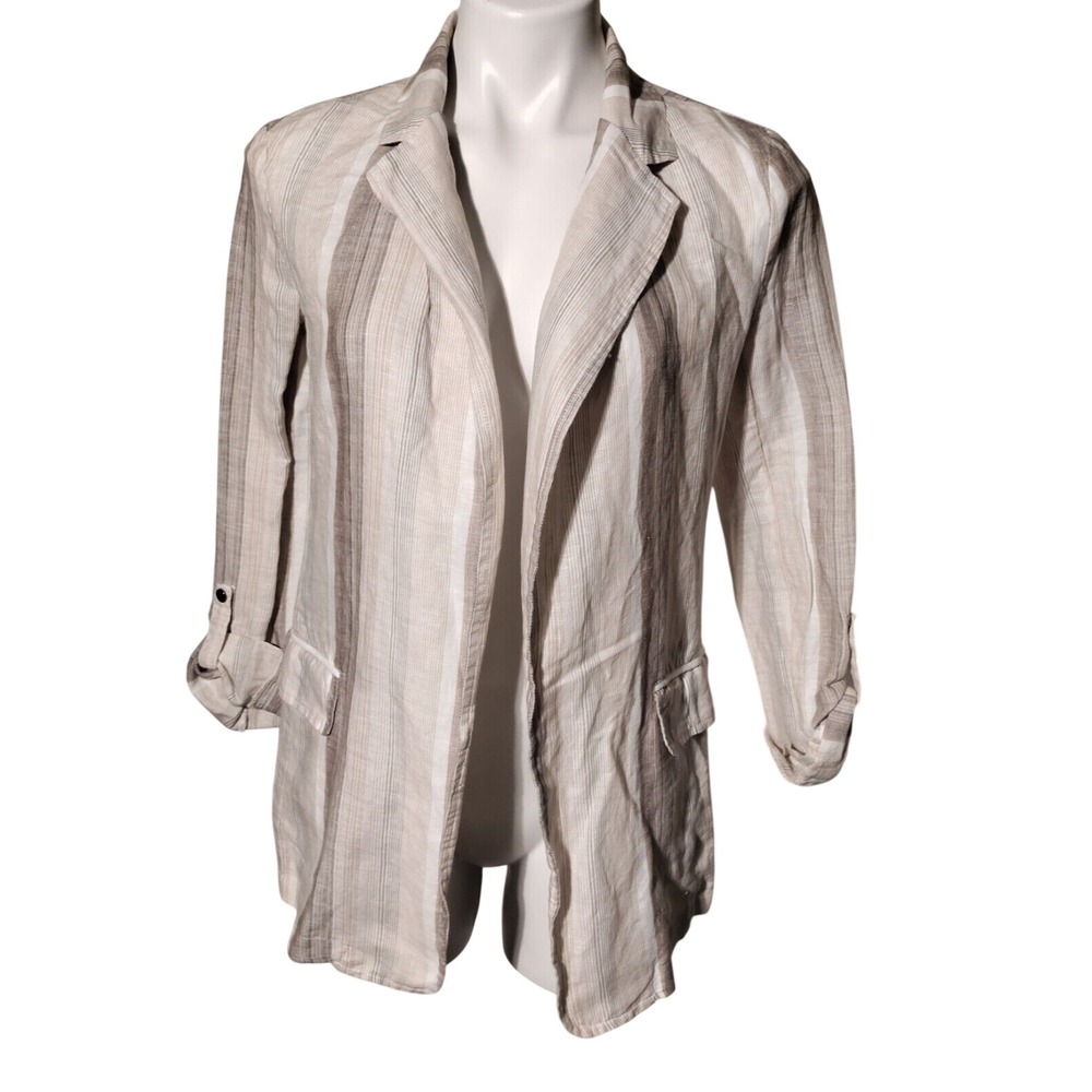 Charlie B Blazer Sz XS Striped Open Front Roll Tab Shirt Blazer Linen Blend NWT